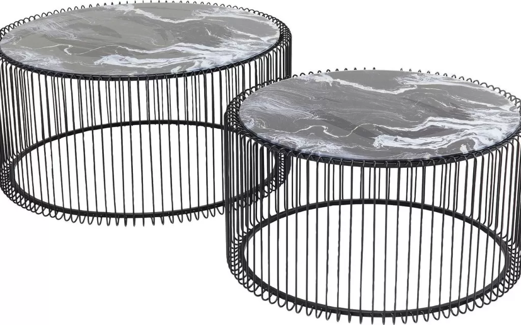 Sohvapöydät | Olohuone>KARE Design Wire Glass Marble Sohvapöytä - Marmorilasi, Musta (2/Setti)